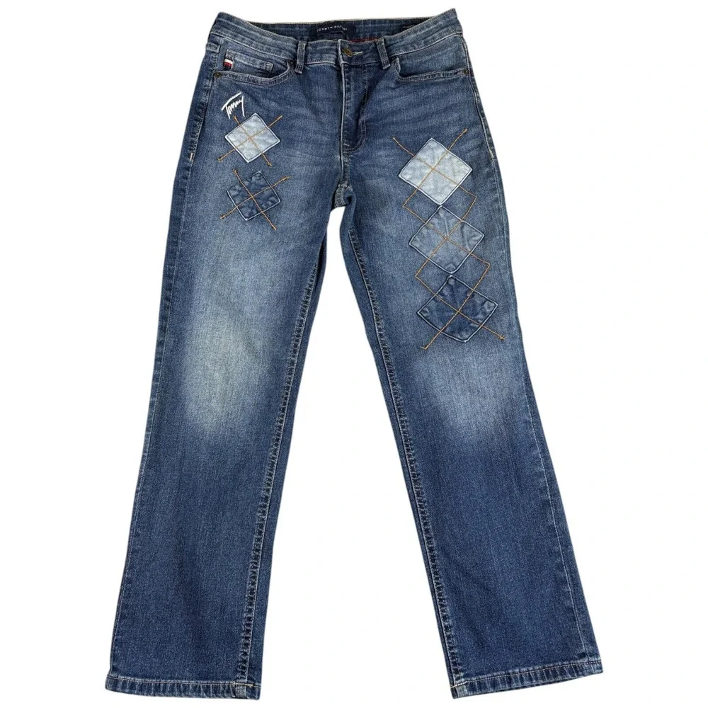 Tommy Hilfiger Jeans Womens 8 Blue Denim Patchwork Y2K Relaxed Fit Straight Leg